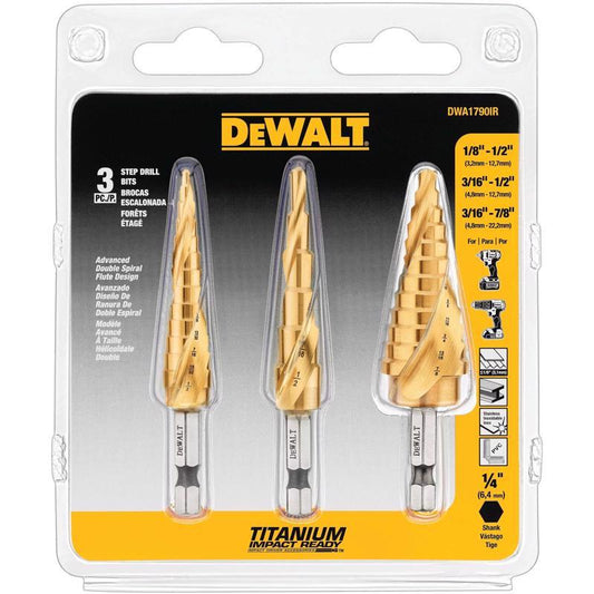 DeWalt Impact Ready Assorted Titanium Nitride Coated Step Drill Bit Set Hex Shank 3 pc