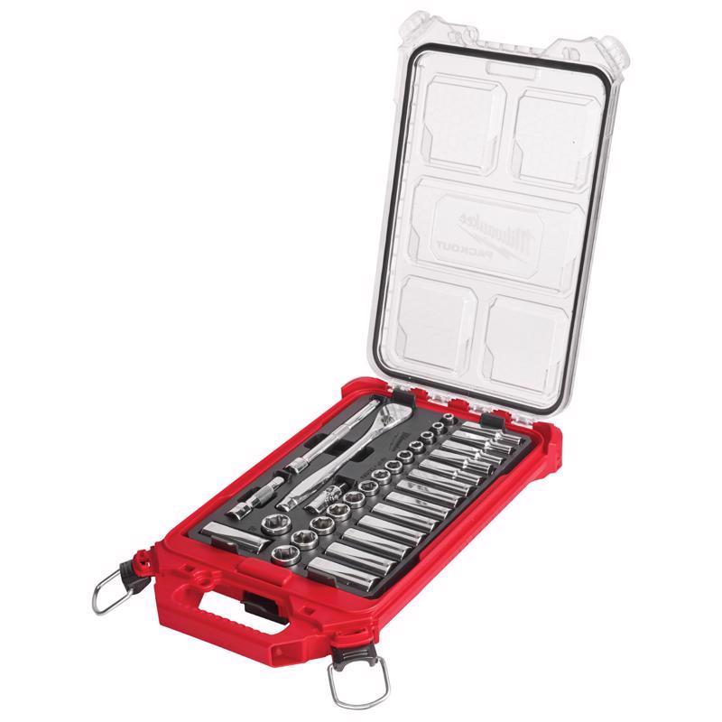 Milwaukee Packout 3/8 in. drive Metric 6 Point Mechanics Socket and Ratchet Set 32 pc