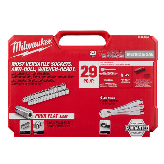 Milwaukee 3/8 in. drive Metric and SAE 29 Piece Mechanics Ratchet and Socket Set 90 teeth