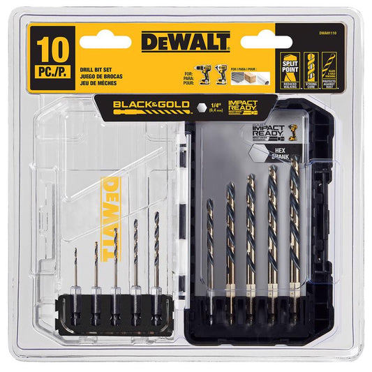 DeWalt Black & Gold Assorted High Speed Steel Impact Ready Drill Bit Set Hex Shank 10 pc
