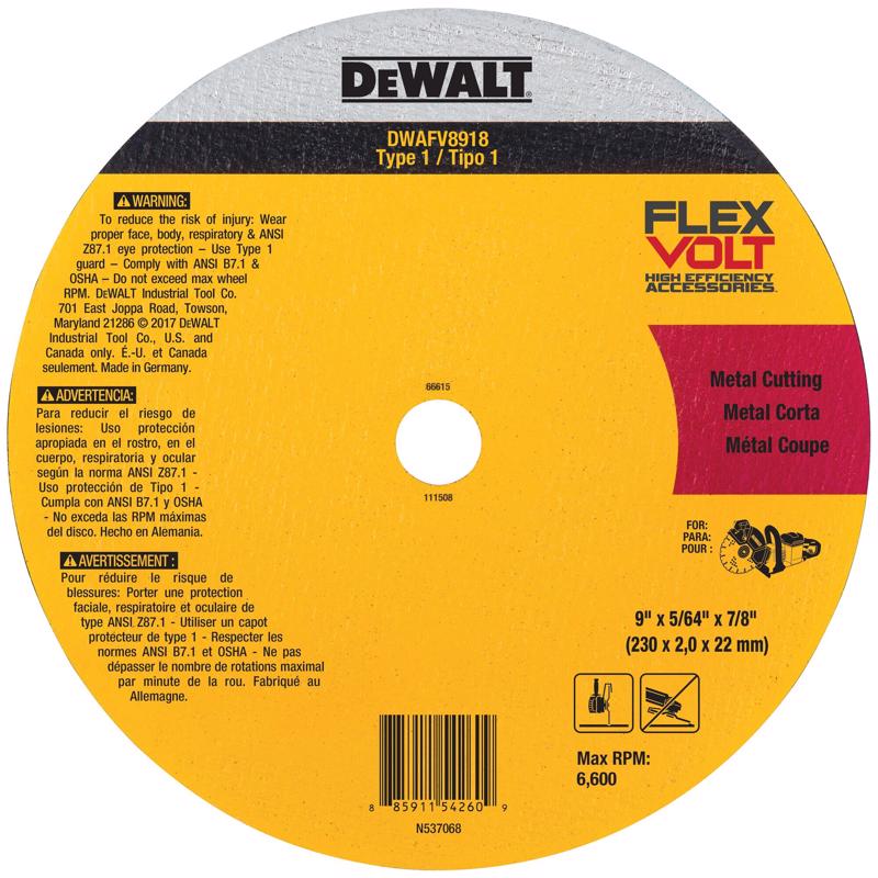 DeWalt FlexVolt 9 in. D X 7/8 in. X 5/64 in. thick Ceramic Metal Cutting Abrasive Wheel 1 pc
