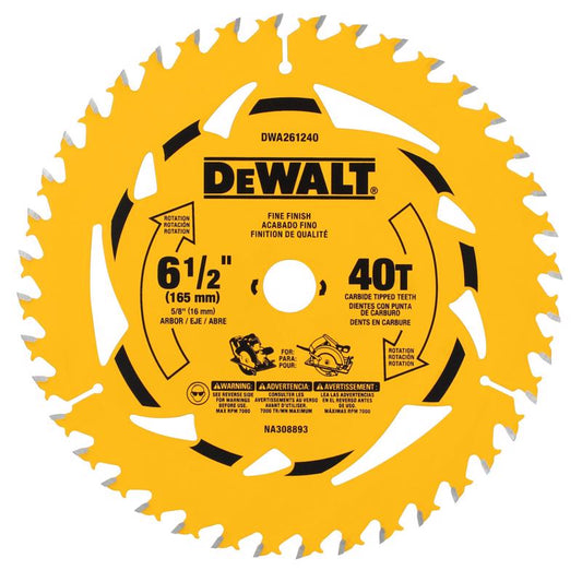 DEWALT 6-1/2 in. D X 5/8 in. Tungsten Carbide Tipped Circular Saw Blade 40 teeth 1 pk