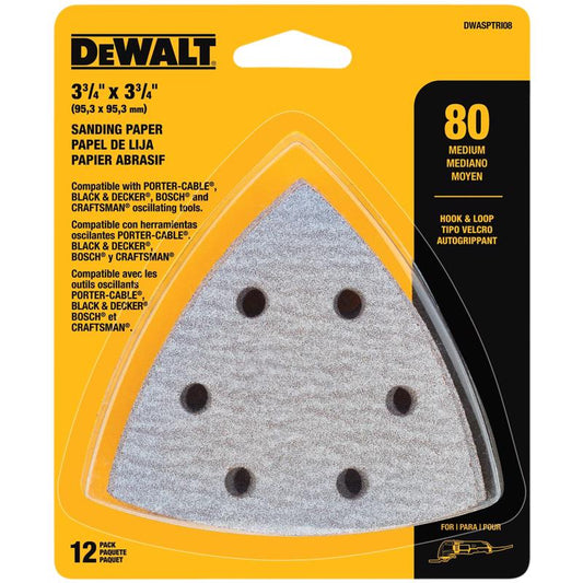 DEWALT 3.75 in. L 80 Grit Hook and Loop Triangular Sandpaper Set 12 pc