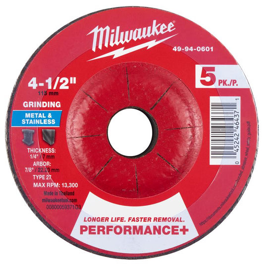 Milwaukee 4.5 in. D X 7/8 in. X 1/4 in. thick Metal Grinding Wheel 5 pk