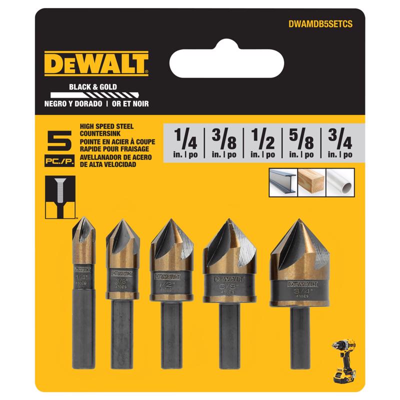 DEWALT 1/4, 3/8, 1/2, 5/8 and 3/4 in. High Speed Steel Countersink Bit Set 5 pc