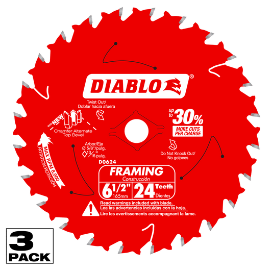 Diablo Tracking Point 6-1/2 in. D X 5/8 in. TiCo Hi-Density Carbide Framing Saw Blade 24 teeth 3 pk