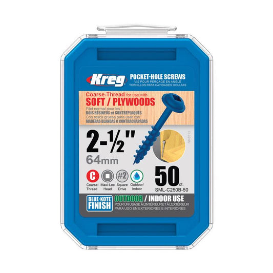 Kreg No. 8 X 2-1/2 in. L Square Blue-Kote Coarse Pocket-Hole Screw 50 pk