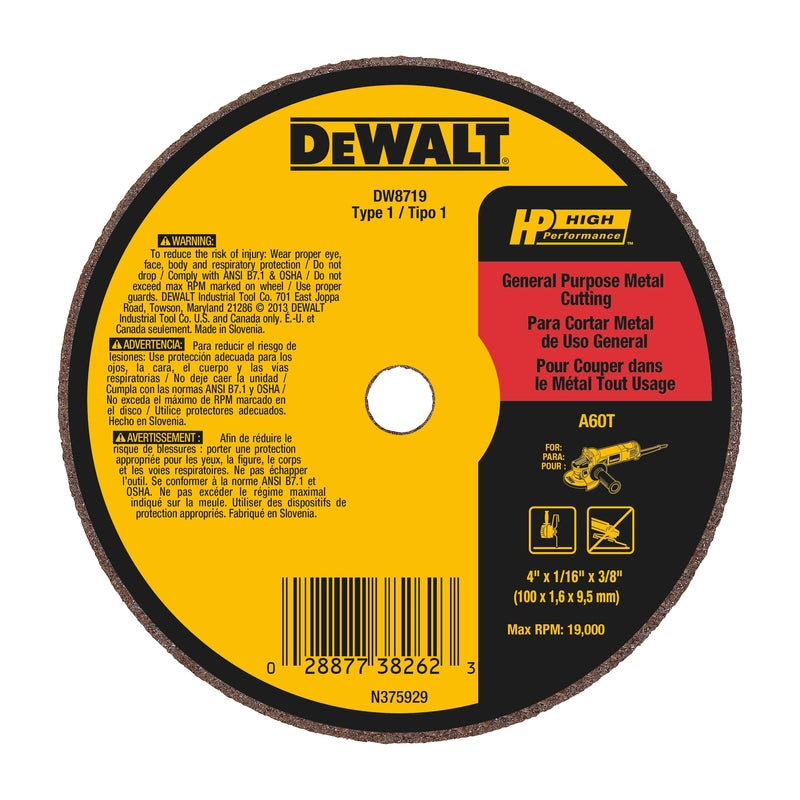 DeWalt High Performance 4 in. D X 3/8 in. X 1/16 in. thick Aluminum Oxide Cut-Off Wheel 1 pc
