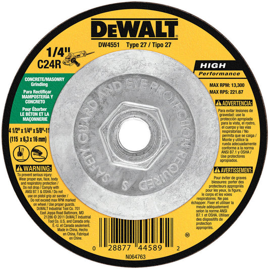 DeWalt High Performance 4-1/2 in. D X 5/8 in. X 1/4 in. thick Masonry Grinding Wheel 1 pc