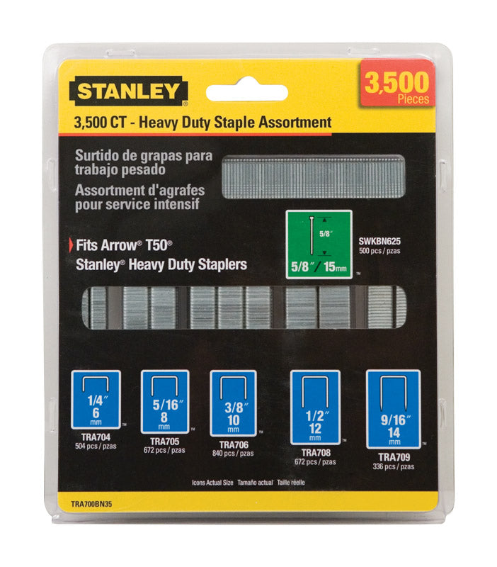 STANLEY T50 5/8 in. W 18 Ga. Narrow Crown Heavy Duty Staple Assortment 3500 pk