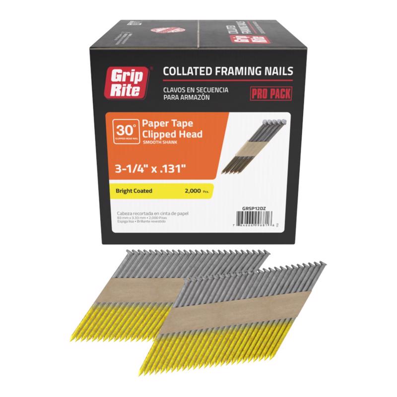 Grip-Rite 3-1/4 in. L X 11 Ga. Angled Strip Bright Framing Nails 30 deg 2000 pk