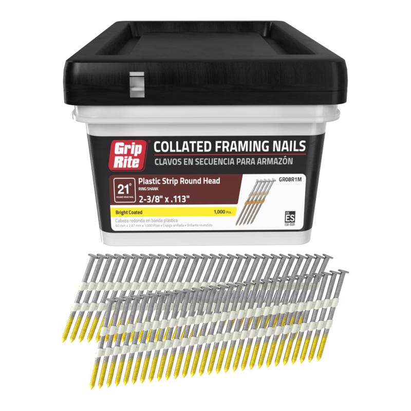 Grip-Rite 2-3/8 in. L X 12 Ga. Plastic Strip Bright Framing Nails 21 deg 1000 pk