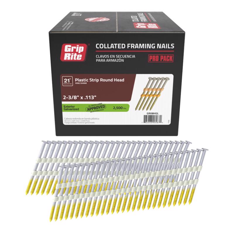 Grip-Rite 2-3/8 in. L X 12 Ga. Angled Strip Hot-Dip Galvanized Framing Nails 21 deg 2500 pk