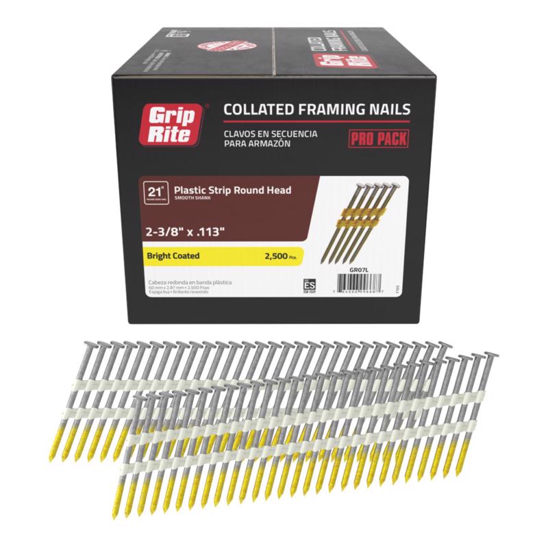 Grip-Rite 2-3/8 in. L X 12 Ga. Angled Strip Bright Framing Nails 21 deg 2500 pk