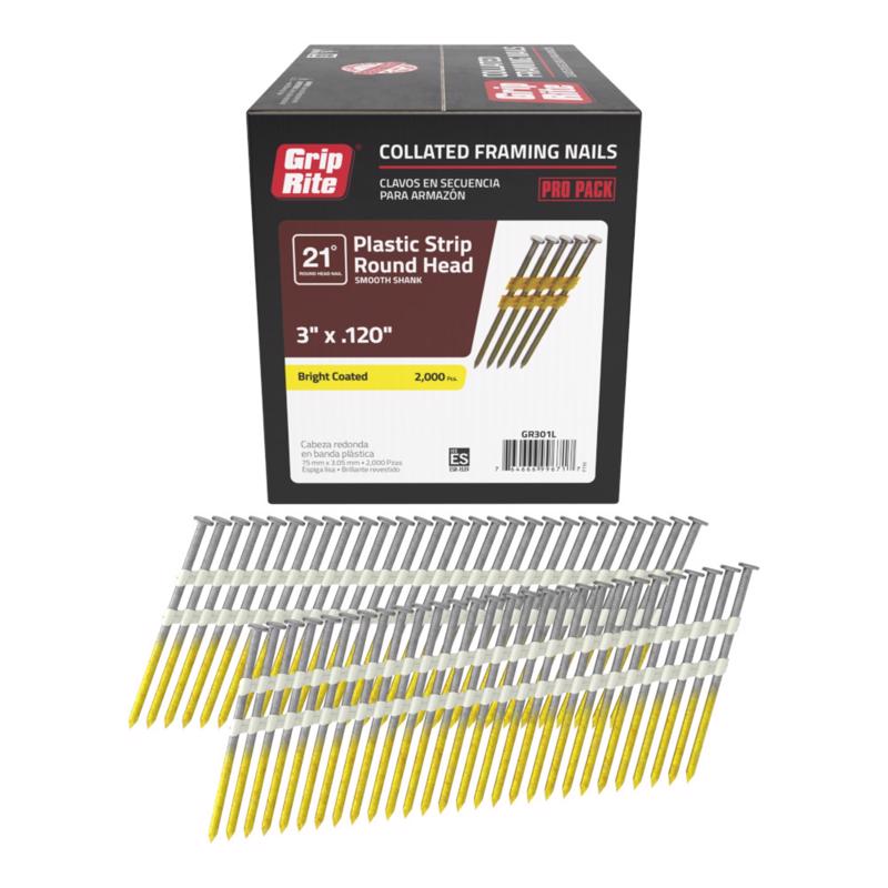 Grip-Rite 3 in. L X 11 Ga. Angled Strip Bright Framing Nails 21 deg 2000 pk