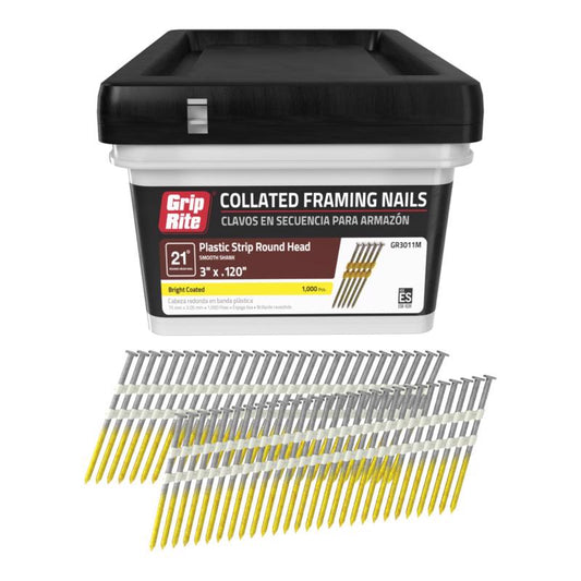 Grip-Rite 3 in. L X 11 Ga. Angled Strip Bright Framing Nails 21 deg 1000 pk