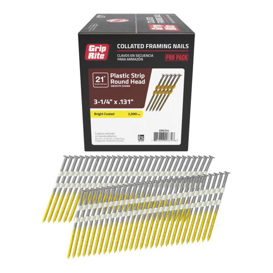 Grip-Rite 3-1/4 in. L X 10-1/4 Ga. Angled Strip Bright Framing Nails 21 deg 2000 pk