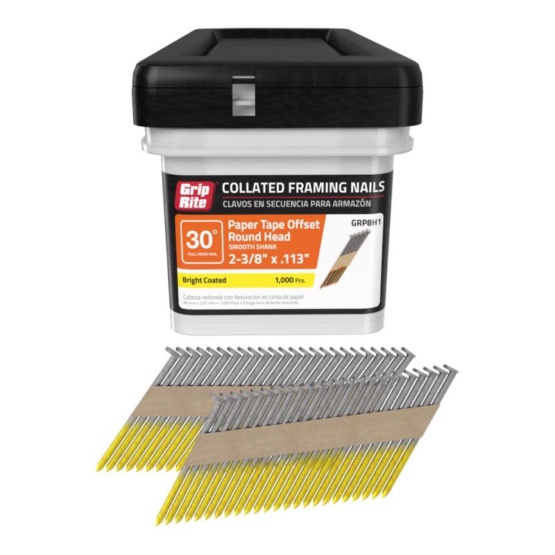 Grip-Rite 2-3/8 in. L X 12 Ga. Angled Strip Bright Framing Nails 30 deg 1000 pk