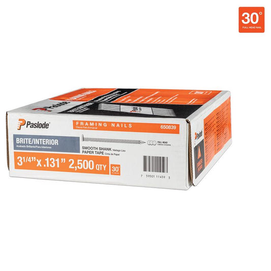 Paslode 3-1/4 in. L Straight Strip Brite Framing Nails 30 deg 2500 pk