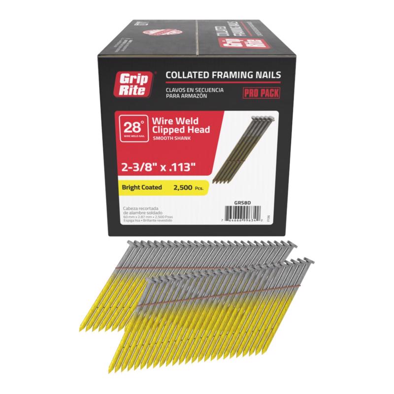Grip-Rite 2-3/8 in. L X 11-1/2 Ga. Angled Strip Bright Framing Nails 28 deg 2500 pk