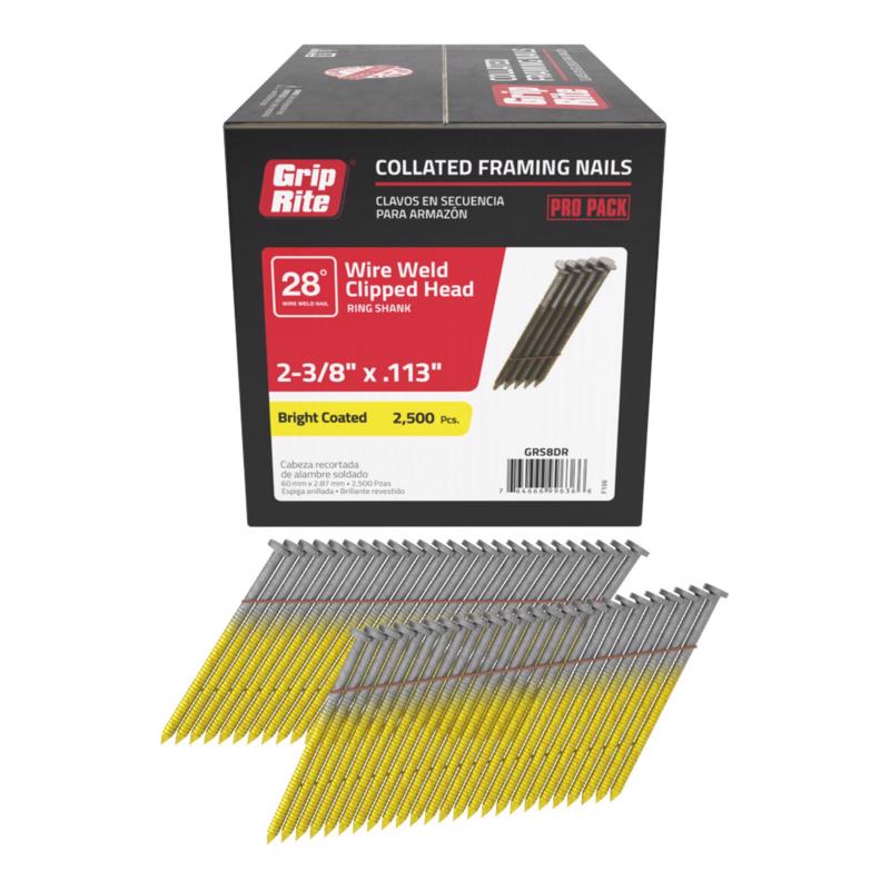 Grip-Rite 2-3/8 in. L X 11-1/2 Ga. Angled Strip Bright Framing Nails 28 deg 2500 pk