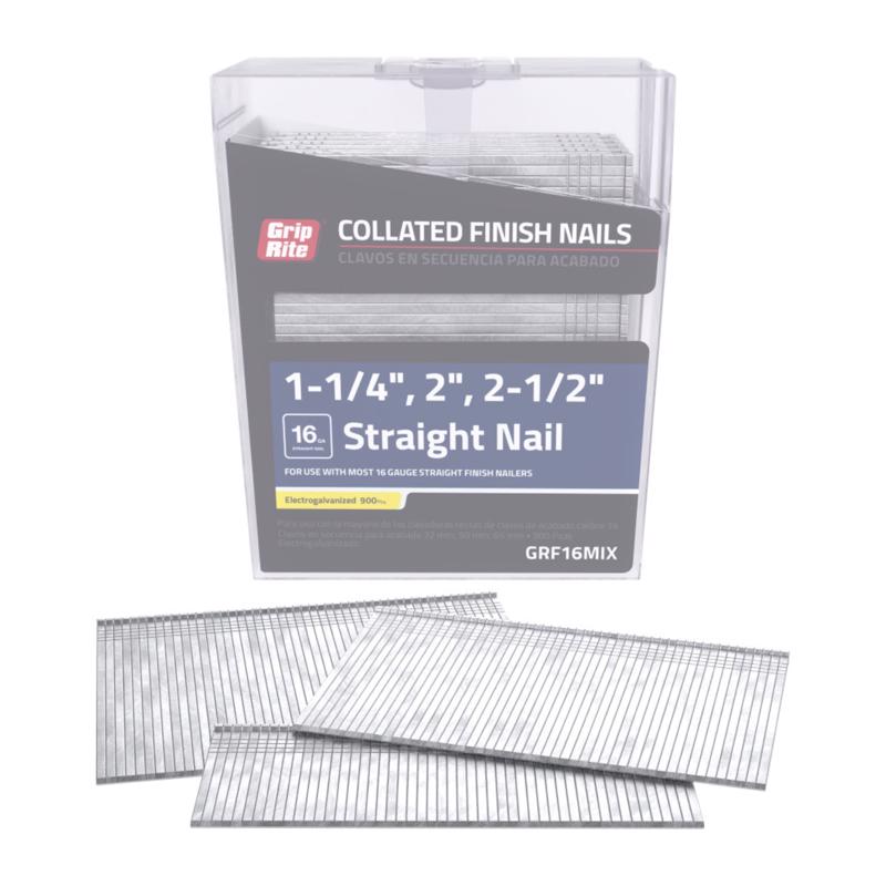 Grip-Rite 16 Ga. Straight Strip Electro Galvanized Finish Nail Set 900 pk