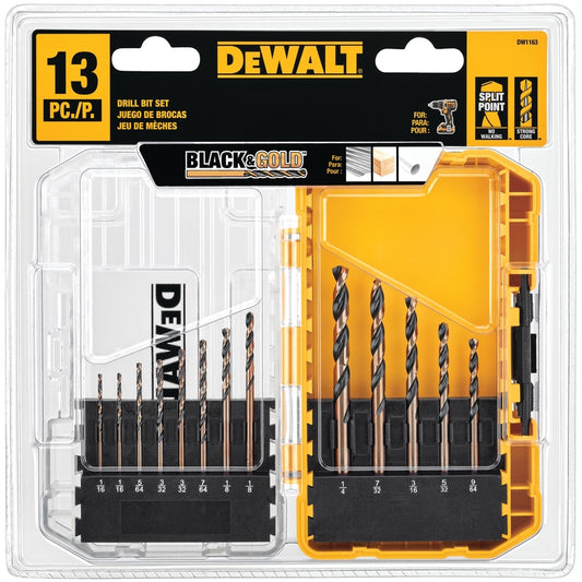 DeWalt Black & Gold Assorted High Speed Steel Split Point Drill Bit Set 3-Flat Shank 13 pc