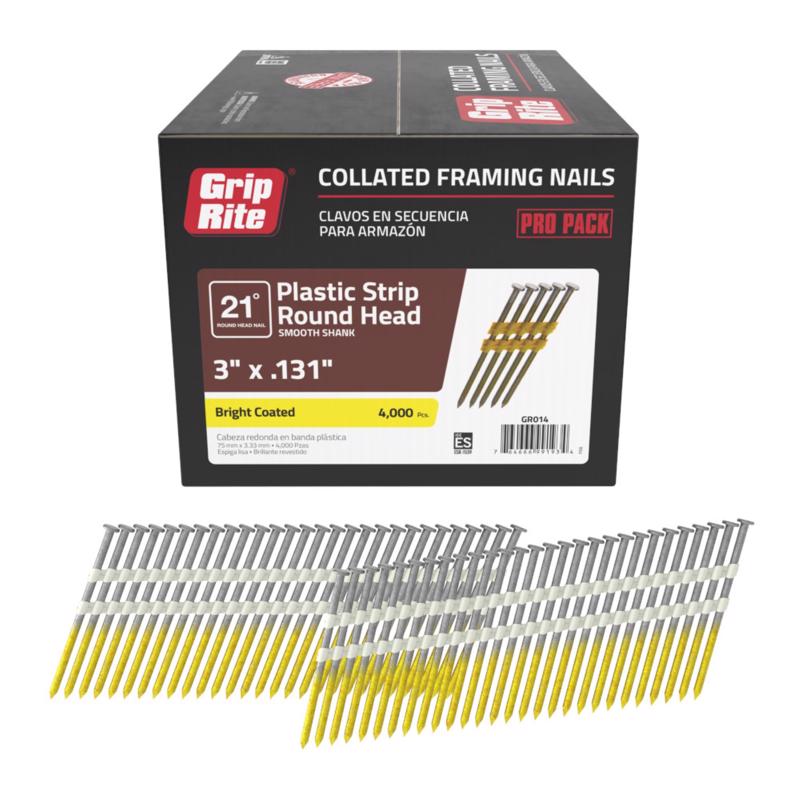 Grip-Rite 3 in. L X 10 Ga. Angled Strip Bright Framing Nails 21 deg 4000 pk