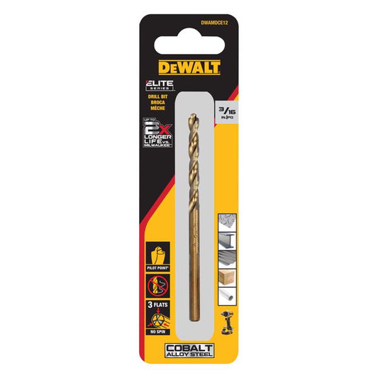 DeWalt ELITE SERIES 3/16 in. X 3.5 in. L Cobalt Steel Pilot Point Drill Bit Round Shank 1 pc