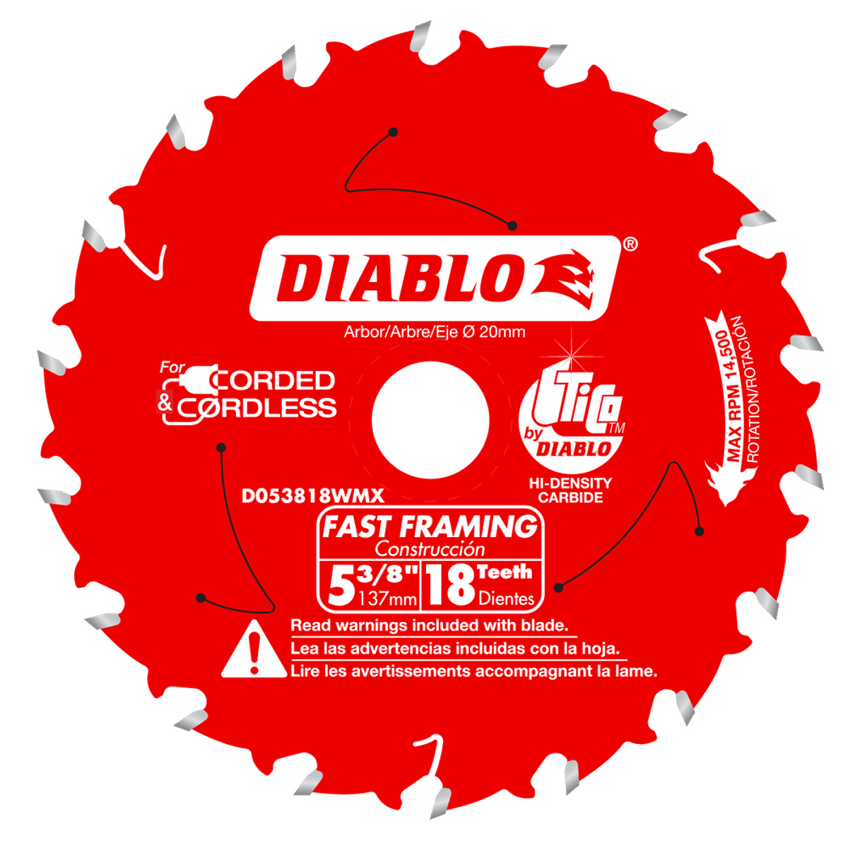Diablo 5-3/8 in. D X 20 mm Fast Framing TiCo Hi-Density Carbide Trim Saw Blade 18 teeth 1 pk