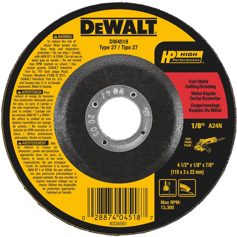 DeWalt High Performance 4-1/2 in. D X 7/8 in. X 1/8 in. thick Aluminum Oxide Cutting/Grinding Wheel