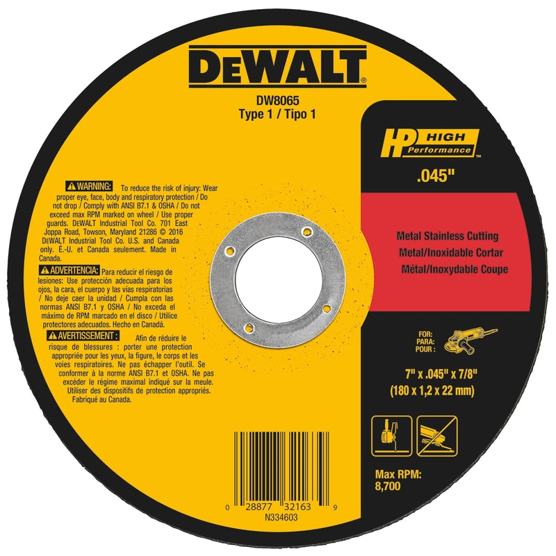 DeWalt 7 in. D X 7/8 in. X 0.045 in. thick Aluminum Oxide Metal Cut-Off Wheel 1 pc