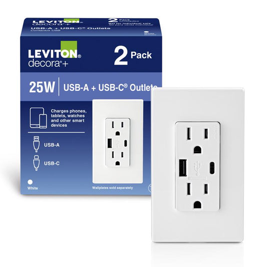 Leviton Decora 15 amps Type A/C Duplex White Outlet and USB Charger 5-15R 2 pk