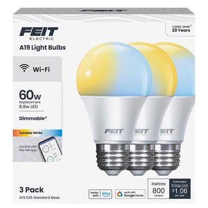 Feit A19 E26 (Medium) Smart-Enabled LED Bulb Tunable White 60 Watt Equivalence OM60/CCT/CA/AG3 3 pk