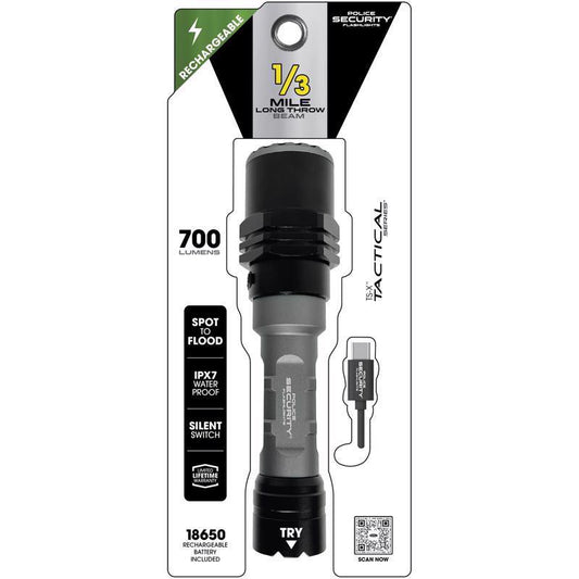 Police Security Tactical 700 lm Black/Gray LED Rechargeable Flashlight 18650 Battery