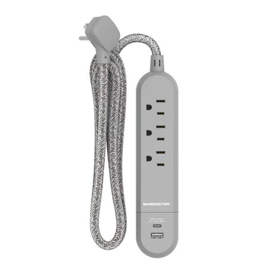 Monster Just Power it Up 4 ft. L 3 outlets Power Strip with USB Ports Gray