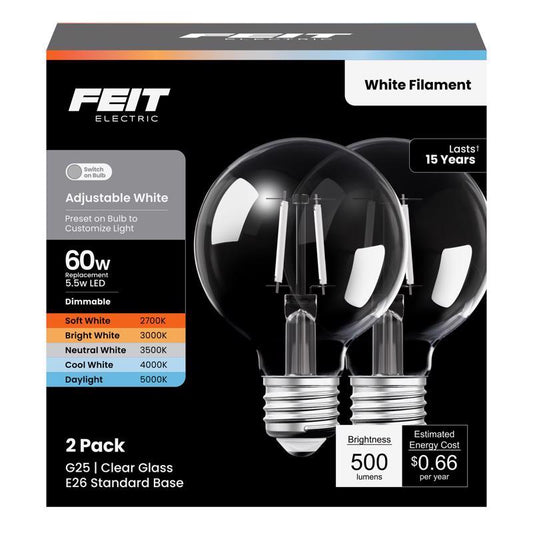 Feit G25 E26 (Medium) LED Bulb Adjustable White 60 Watt Equivalence 2 pk