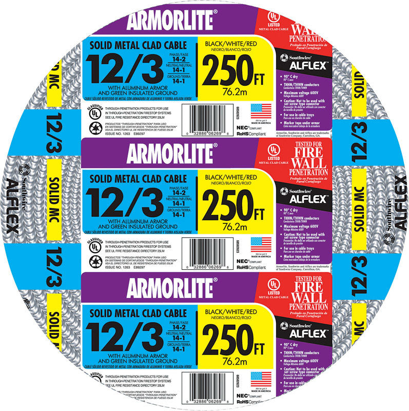 Southwire Armorlite 250 ft. 12/3 Solid Aluminum Armored MC Cable