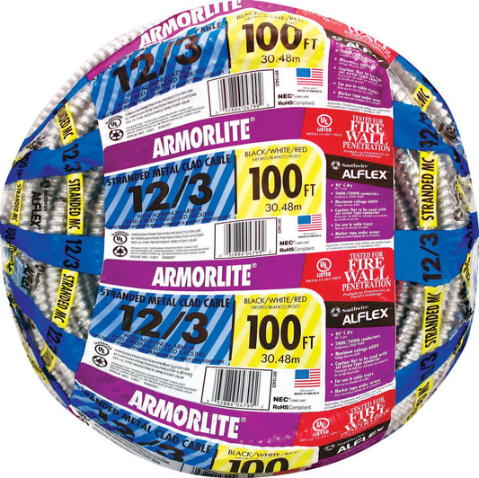 Southwire Armorlite 100 ft. 12/3 Stranded Aluminum Armored MC Metal Clad Cable