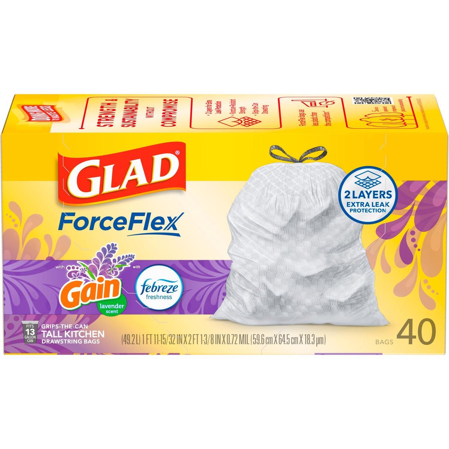 Glad ForceFlex 13 gal Lavender Tall Kitchen Bags Drawstring 40 pk