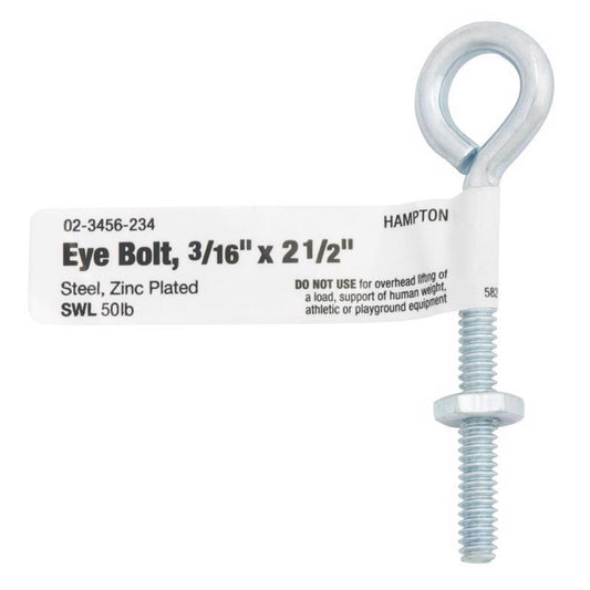 Hampton 3/16 in. X 2.5 in. L Zinc-Plated Steel Eyebolt Nut Included