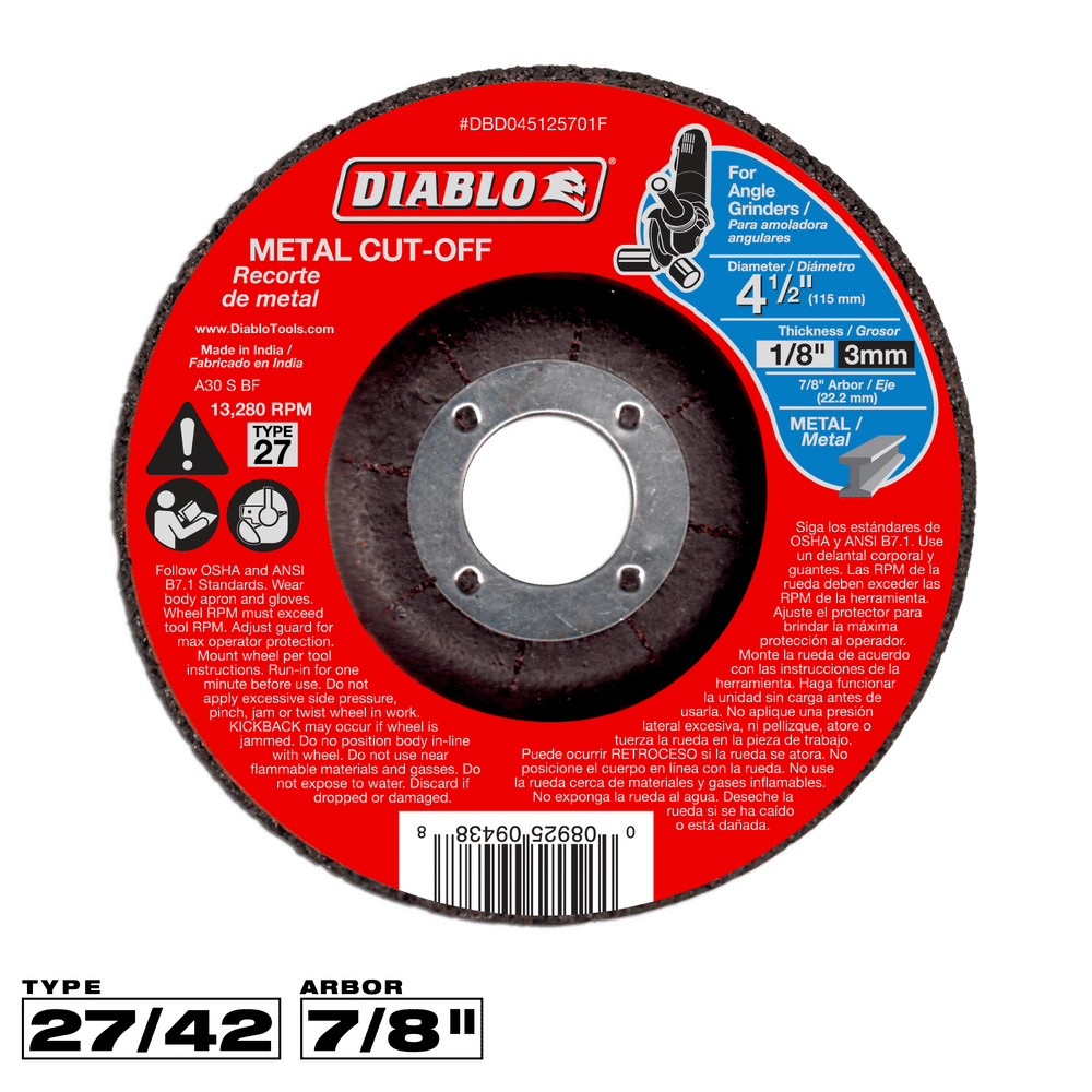 Diablo 4-1/2 in. D X 7/8 in. X 1/8 in. thick Aluminum Oxide Metal Cut-Off Disc 1 pk