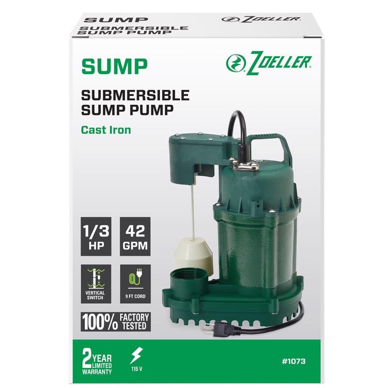 Zoeller 1/3 HP 2520 gph Cast Iron Vertical Float Switch AC Submersible Sump Pump 9 ft