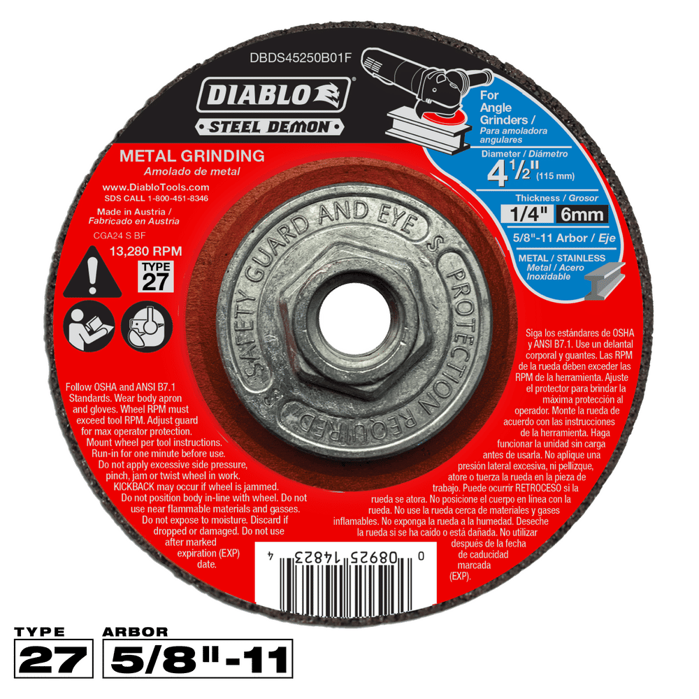 Diablo Steel Demon 4-1/2 in. D X 5/8-11 in. X 1/4 in. thick Steel Metal Grinding Disc 1 pc