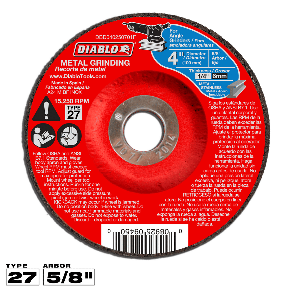 Diablo 4 in. D X 5/8 in. X 1/4 in. thick Aluminum Oxide Metal Grinding Disc 1 pc