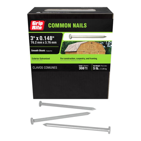 Grip-Rite 10D 3 in. Common Hot-Dipped Galvanized Steel Nail Flat Head 5 lb