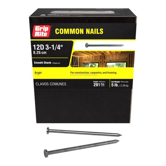 Grip-Rite 12D 3-1/4 in. Common Bright Steel Nail Flat Head 5 lb