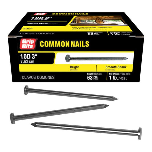 Grip-Rite 10D 3 in. Common Bright Steel Nail Flat Head 1 lb