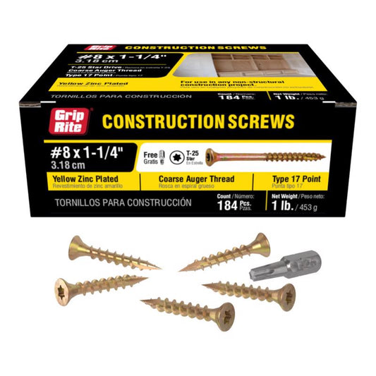 Grip-Rite 1.25 in. L Star Yellow Zinc Coarse Wood Screws 184 pk