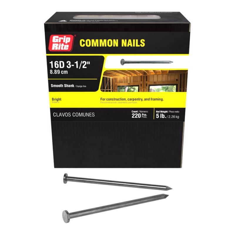 Grip-Rite 16D 3-1/2 in. Common Bright Steel Nail Flat Head 5 lb